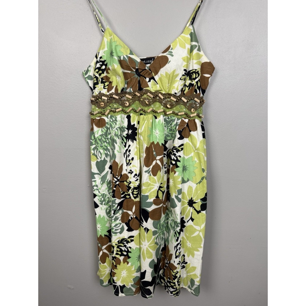 Y2K Wet Seal Floral Babydoll Beaded Lace Dress Green Brown Whimsical‎ FairyCore